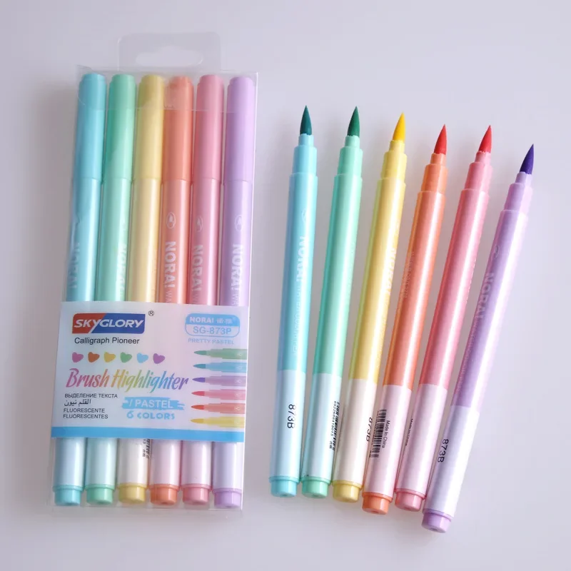 6Pcs/set Brush Highlighter Pen - Pastel Highlighter Set Double Ended recension och pris